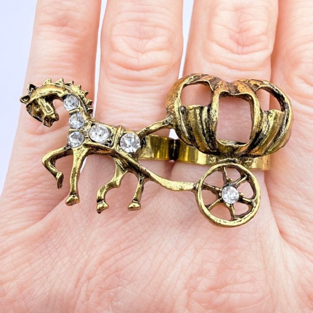 VTG Horse & Pumpkin Carriage Double Finger Ring Cinderella Antiqued Gold Tone